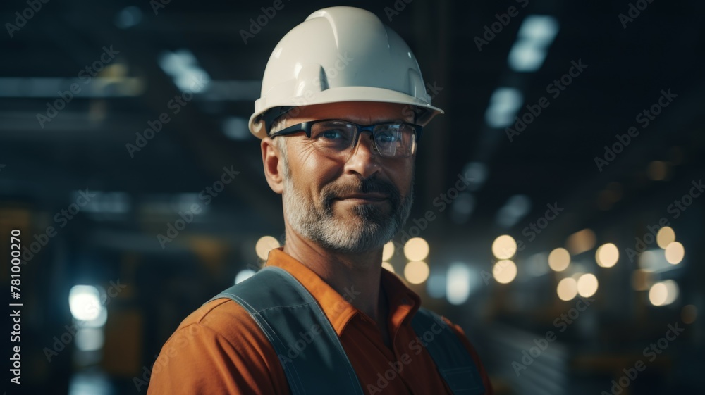 Technician in orange uniform at industrial site - A technician in orange and a hard hat stands confidently at an industrial site, indicative of skilled labor within industry Technician in orange uniform at industrial site - A technician in orange and a hard hat stands confidently at an industrial site, indicative of skilled labor within industry