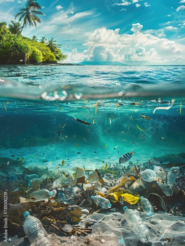 Polluted tropical beach with underwater view - A stunning split-level shot of a tropical beach with the below water section showing pollution and plastic waste