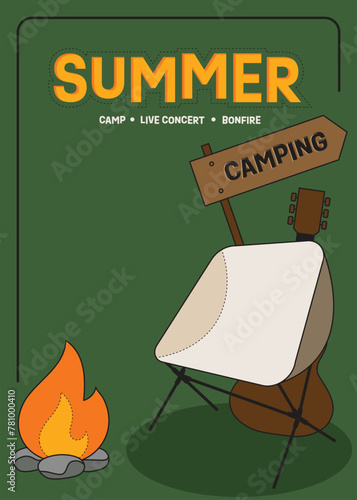 Summer camping poster template design at night decorative with tent, bonfire © thenatchdl