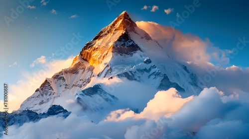 Photo of K2 mountain peak in the Himalayas. clouds swirling around it during golden hour lighting against a blue sky background.  For skincare, beauty, e-commerce, Cover, Poster, Banner, PPT, KV desig photo