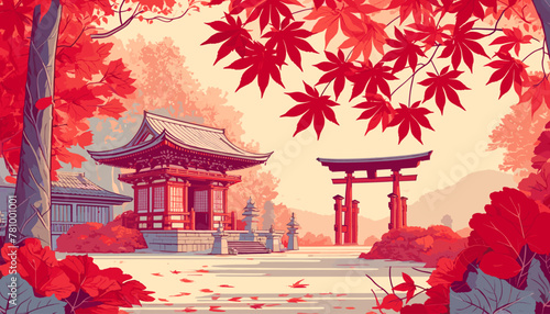 Concept of Kyoto in the autumn leaves. Vector illustration.