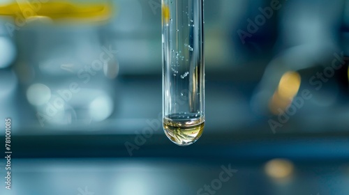 A closeup of a test tube containing a clear liquid and a floating layer of biobutanol on top demonstrates the separation process involved in refining the biofuel. . photo