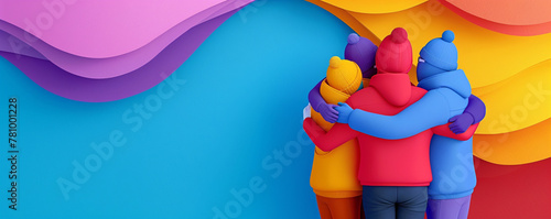 Four people men women friends hugging in winter ski clothes emotional support group friendship colorful papercraft blue background copy space illustration