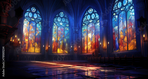 Glowing stained glass windows in the medieval