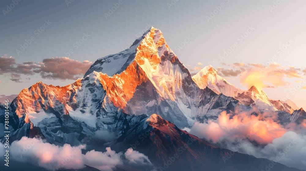 Snowcapped mountains, golden light shining on the top peak, sunrise. The background is a clear sky with a hint of orange glow behind the mountain peaks. For skincare, beauty, e-commerce, Cover, Poster