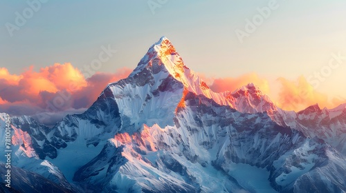 Snowcapped mountains, golden light shining on the top peak, sunrise. The background is a clear sky with a hint of orange glow behind the mountain peaks. For skincare, beauty, e-commerce, Cover, Poster © horizor