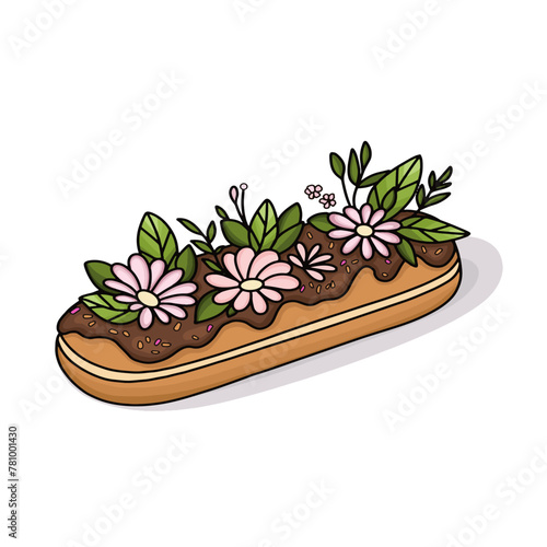 Eclair brewing cake set. Sweet eclair with chocolate glaze and custard cream. Tasty dessert. Bread baked food. Bakery shop, pastry. Vector illustration in flat style. 