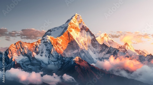 Snowcapped mountains, golden light shining on the top peak, sunrise. The background is a clear sky with a hint of orange glow behind the mountain peaks. For skincare, beauty, e-commerce, Cover, Poster