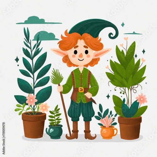 Fototapeta Naklejka Na Ścianę i Meble -  Cute elf. Happy garden elves with watering can, shovel, flower. Fairytale elf in a hat. Flat cartoon fantasy dwarf elf vector character set with lantern and plants isolated on white