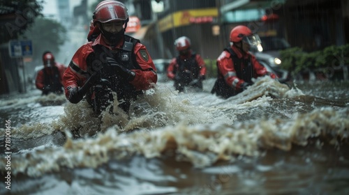 The officers red and black uniforms are soaked through by a downpour their boots trudging through kneedeep flooded streets as they work tirelessly to maintain order in the midst of . photo