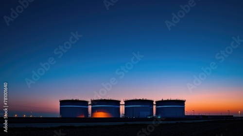 Oil storage silos at twilight - Captivating dusk skyline view of massive oil storage tanks with a gradient twilight sky in the backdrop photo