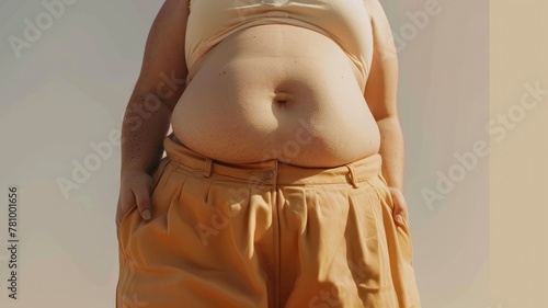 Body positivity and female confidence concept - Close-up of a woman confidently wearing a crop top and high-waisted trousers, emphasizing body positivity and self-acceptance photo