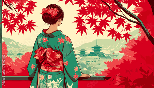 Concept of Kyoto in the autumn leaves. Vector illustration.
