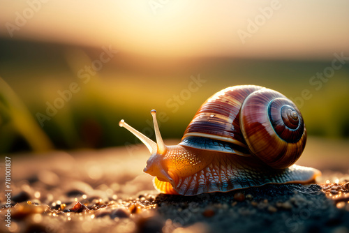 Macro photo of a snail, the sun shines from the back, the snail crawls on the ground, photography material photo