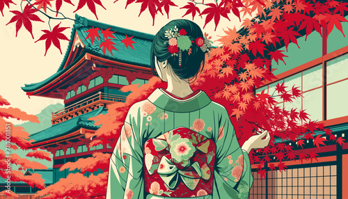 Concept of Kyoto in the autumn leaves. Vector illustration.