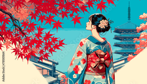 Concept of Kyoto in the autumn leaves. Vector illustration.
