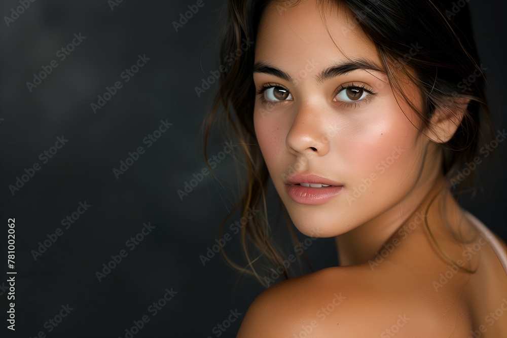 Close-up shot of a young woman with natural makeup in front of a dark backdrop Close-up shot of a young woman with natural makeup in front of a dark backdrop
