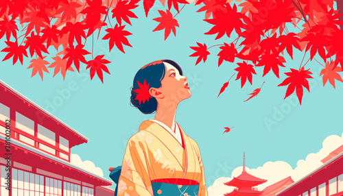 Concept of Kyoto in the autumn leaves. Vector illustration.