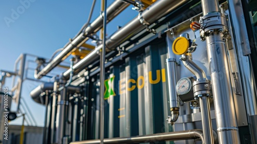 A closeup of a portable biofuel factory showing the intricate piping and advanced technology used to process the crops into usable fuel. The logo on the side of the factory reads EcoFuel .