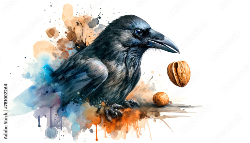 Fototapeta premium Watercolor painting of a crow with nut on white background