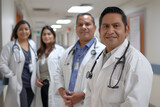Group of diverse doctors with stethoscopes smiling in a hospital hallway