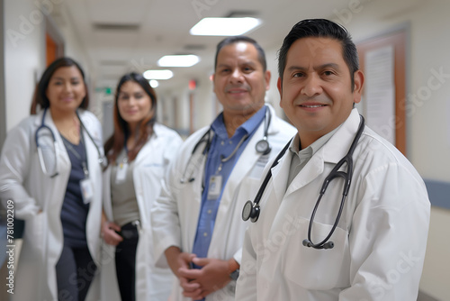 Group of diverse doctors with stethoscopes smiling in a hospital hallway