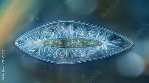A diatom with its silica shell partially open providing a glimpse of its delicate inner structure and the tiny hairs that it uses