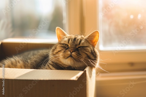 A cat is sleeping in a cardboard box. The cat is curled up and has its eyes closed. The box is placed near a window, and the sunlight is shining on the cat. The scene is peaceful and calming photo