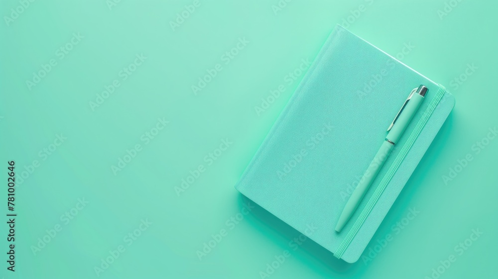 Teal notebook with matching pen placed on top, positioned uniform background Teal notebook with matching pen placed on top, positioned uniform background