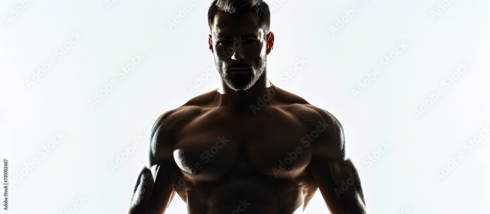 Fototapeta premium Close up of a toned and fit man with no shirt showing off his muscular body