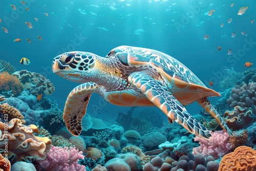 A turtle swimming in the ocean with a blue and orange shell.