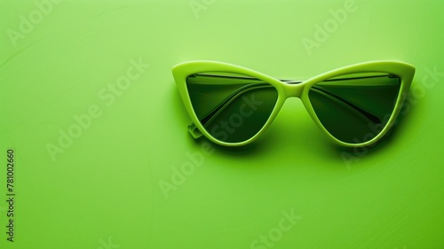 Pair of green sunglasses lies on matching textured background, creating monochromatic look photo