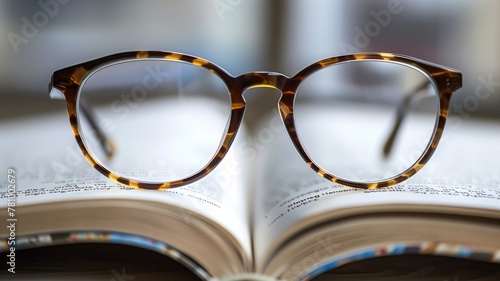 Pair of tortoiseshell glasses resting on open book with blurred text photo
