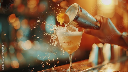 Bartender is pouring cocktail into glass, causing dynamic splash with slice of citrus garnish photo