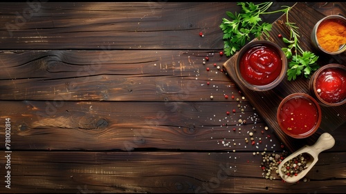 Various bowls of red sauces and spices on rustic wooden table with fresh green herbs