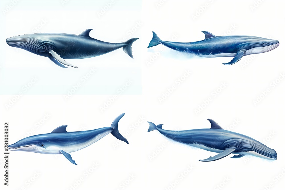 Mighty blue whale majestically swimming through expansive ocean waters, isolated on white solid background