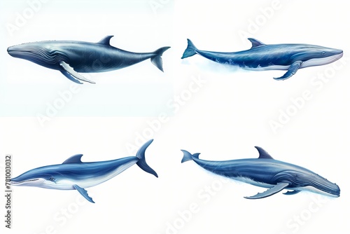 Mighty blue whale majestically swimming through expansive ocean waters, isolated on white solid background