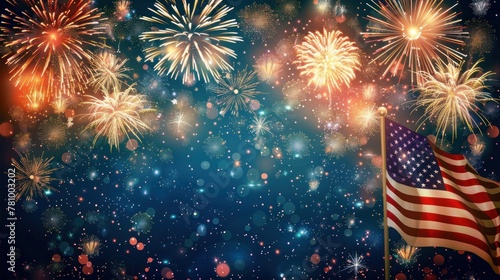 A fireworks display with a large American flag in the foreground.