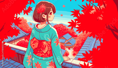 Concept of Kyoto in the autumn leaves. Vector illustration.