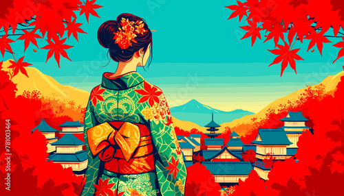 Concept of Kyoto in the autumn leaves. Vector illustration.