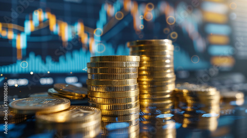 Stack of coins with graph chart growth up in background,Business marketing financial fredom photo