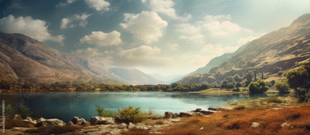 Serenely placed lake situated in the midst of towering mountain peaks against a backdrop of the expansive sky