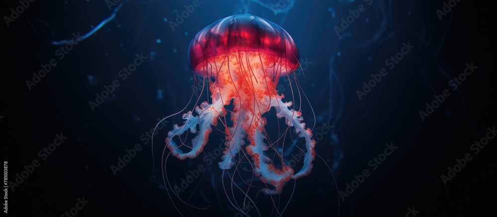 A jellyfish with tentacles resembling a heart drifting gracefully in the deep blue ocean
