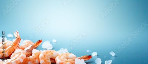 Placed on the table  two shrimps are served on a plate with a bed of ice