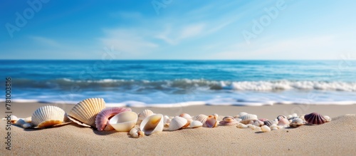 Various shells and sea shells scattered across the sandy beach under a clear blue sky, creating a serene coastal scene