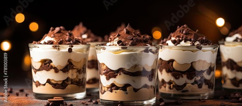 Indulgent desserts served in glass cups, garnished with rich chocolate and creamy whipped topping