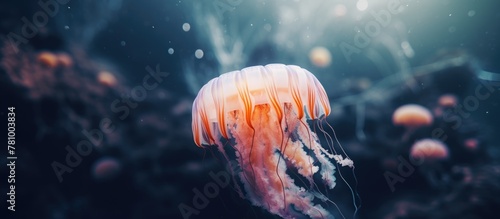 A serene underwater scene featuring a jellyfish gracefully moving through a sea filled with various gelatinous organisms photo