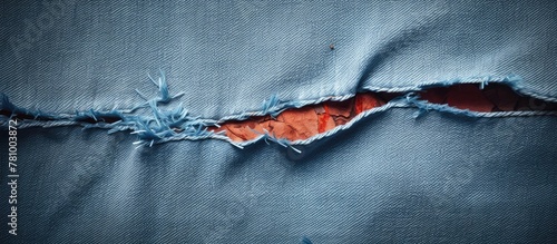 Detail view showcasing torn blue denim fabric with a visible hole in the material photo