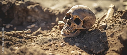 A skull lies among dirt with a rock in the background