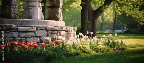 Vibrant tulips in full bloom grow abundantly amidst lush green grass near a rugged stone wall #781004002